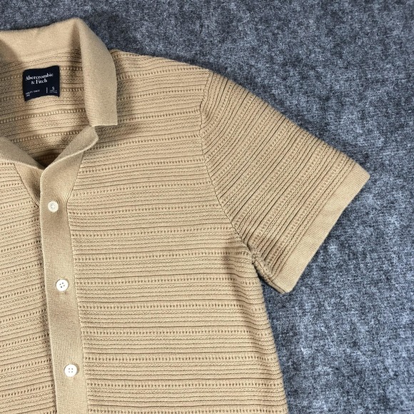 Abercrombie & Fitch Shirt Mens Small Tan Knit Button Front Camp Collar Retro - Picture 8 of 16